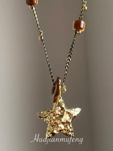 Lucky Star Retro Metal Star Pendant Necklace Womens Beautiful Amber Flower Beads Sweater Chain Sweet Cool Style Online Exclusive