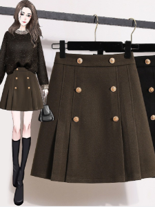Brand Discount Womens Clothing Fall and Winter Stylish Plus Size Ladies Slim Looking A- line Pleated Skirt Plus Size High Waist Woolen Skirt Women