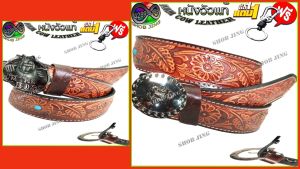 เข็มขัดหนังวัวแท้เย็บขอบลายดอกกลมติดค้อย ซื้อ1ฟรี2 เข็มขัดหนังวัวแท้เย็บขอบพร้อมหัวฟรีหัวเข็มขัด+พวงกุญแจ เข็มขัดหนังวัวงานแฮปวี่ เข็มขัดแนวคาวบอย เข็มขัดสไตล์วินเทจ ผลิตจากหนังวัว100% ย้อนยุค ลำลอง ถอดเปลี่ยนหัวเข็มขัดได้เจาะรูให้ Genuine leather belt