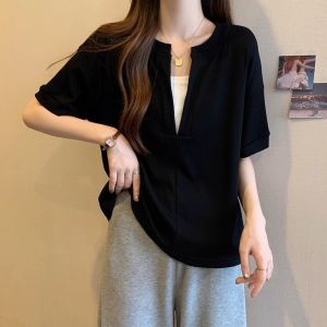Plus Size Fake Two Pieces V-neck Short Sleeve T-Shirt Womens Summer Plus Size Ladies Belly Covering Super Slimming Loose Design Short Tops