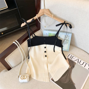 French Style Bow Knitted Small Tank Top Vest Womens Summer New Design Sense Contrast Color Short Inner Wear Beautiful Back Tank-Top