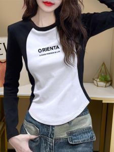 American Style Long Sleeve T-Shirt Womens Slim Fit Retro Spring Autumn New Style Printed Splice Commute Korean Style Top