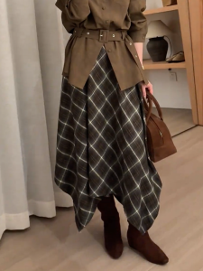 MANMI | Vintage French Elegant Plaid Irregular Design Skirt