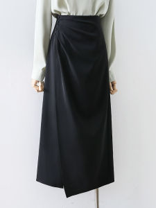 High Waist A-Line Midi Skirt Womens Spring Summer New Style Pleated Slimming Asymmetrical Design Korean Style Commute Pure Color