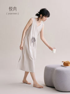 Yue Nai Womens Sleepwear Modal Fabric Sleeveless V-Neck Long Dress Casual Home Style with Chest Pad Ice Silk Thin Seasonal Summer