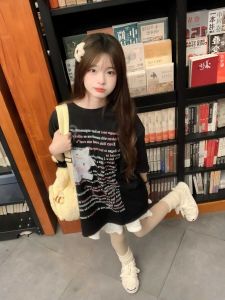 American Style Cartoon Letter Short Sleeve T-Shirt Loose Half Sleeve Top for Teenage Girls And High School Students Cotton Summer Shirt