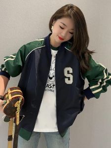 เสื้อแจ็คเก็ตเบสบอลสำหรับผู้หญิง ฤดูใบไม้ร่วง/ฤดูหนาว 2024 แจ็คเก็ตแบบหนา แขนยาว ปกกลม ทรงหลวม สไตล์สตรีท แฟชั่นลำลอง