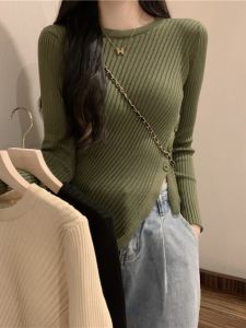 Knitting Bottoming Shirt for Women: 2024 Fall & Winter New Arrival Asymmetrical Short Inner Tops Black Slit Slim Fit Sweater
