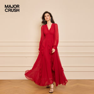Elegant Red Flounced Waist Long Sleeve Dress