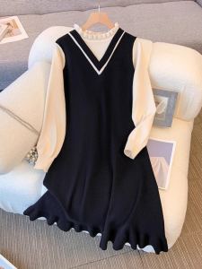 Plus Size Korean Style False Two-Piece Knitting Dress Female Fall and Winter Slightly Oversized Girls Slimming Youthful-Looking Match with Coat Inner Wear Woolen Skirt