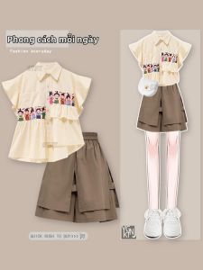 YNY | Stylish Reducing-Age Asymmetric Top Khaki Shorts Set