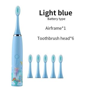 【Local Srock】Aitemay Cartoon Kids Electric Toothbrush with 5 Replacement Heads - Ultrasonic Sonic Battery Toothbrush for Children Soft Bristles IPX7 Waterproof 4 Modes