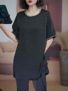 UYFY | Elegant Solid Color Beaded Slit Midi Womens Shirt Casual Summer New Fashion Plus Size Top Pear Body Type Round Neckline