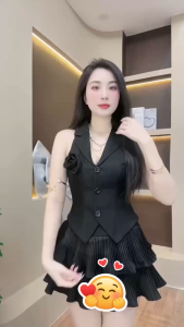 Set tiểu thư đi tiệc đồ công sở nữ Kaki Mango đính hoa áo Gile vest cộc tay mix váy mini tầng xoè