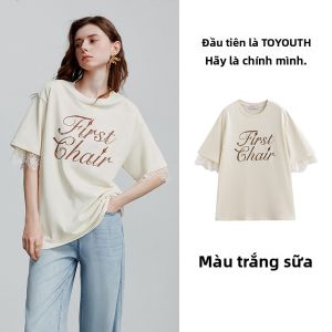 Toyouth | Áo Thun Cotton Dài Tay Rộng Lỏng với Chữ 3D và Ren