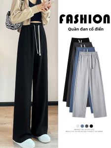 YAMIANNV | Loose Wide Leg Pants High Waist Knitted Ribbed Slimming Mom Jeans Street Style Long Cotton Polyester Blend Autumn Fashion