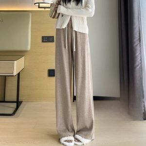 LANGPIN | Oatmeal Colored Wide Leg Pants Womens Spring Autumn Knitted Casual Drapey Straight Leg Pants High Waist Pocket Detail