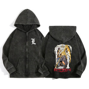 Harajuku Retro Washed Zip Up Hoodie Anime Death Note Print Jacket Gothic Graphic Cotton Men Women Zipper Hooded Sweatshirt