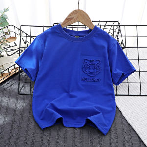 High Quality Childrens Clothing Boys Summer Short Sleeve round Neck T-Shirt Heat Pressed Tiger Head Design Cotton Polyester Blend