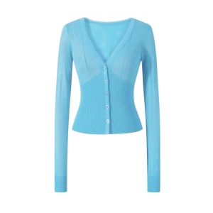 YUEZHONGWEI | Áo Cardigan Ngắn Form Ôm Có Vòng Cổ V ren màu Xanh Pháp