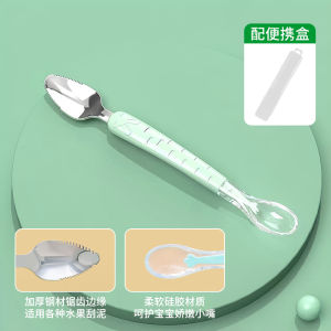 Baby Dual-Headed Fruit Puree Spoon Complete Set Infant Feeding Tool Safe Material Stainless Steel Silicone Portable Cleaning Easy