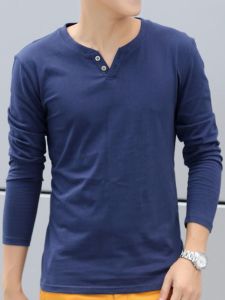 Simple Pure Cotton Long Sleeve Mens T-shirt Button up Base Shirt Trendy Autumn Solid Color Youth Fashion V-neck Button Detail