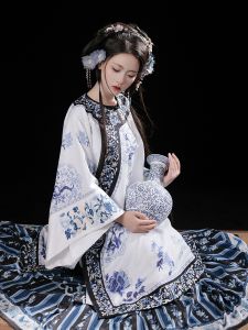 Heavy-Embroidered Qinghua Porcelain Late Qing Dynasty Han Womens Cheongsam Print Pleated Skirt Not Hanfu Polyester Fiber