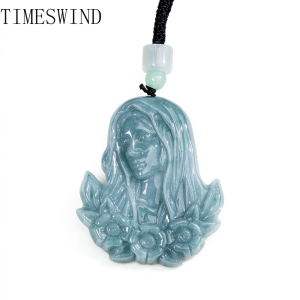 TIMESWIND Natural Original Blue Water A-type Jade Maria Flower Three-d Pendant Men Women Titanium Steel Necklace with Certificate