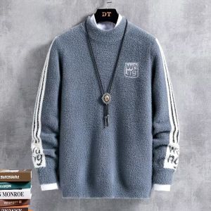 ROMON | Lormen Mens Thickened Woolen Sweater Half High Collar Knitted Mink Winter Fashion Warm Base Layer Top Casual Loose Fit