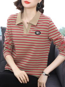 Womens Striped Long Sleeve T-Shirt Pure Cotton Polo Neck Base Shirt Korean Style Commute Classic Pattern Autumn Fashion