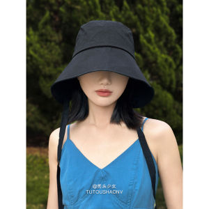 Casual Japanese Style Wide Brim UV Protection Fishing Cap Womens Summer Sunshade Hat with Sash round Top Fashionable Accessory