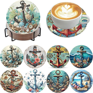 other | 8 pieces/set of seaside scenery pattern diamond painted coaster set sparkling rhinestone heat-resistant beverage mat with bracke