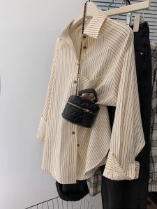 French Stripe Long Sleeve Womens Shirt Spring Autumn Design Loose Versatile Layering Inner Wear Polo Collar Button Detail