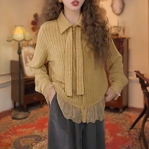 Retro Style Long Sleeve Lace Trim Loose Womens Shirt Autumn Winter plus Size Slimming Design Unique Top for plus Size Girls