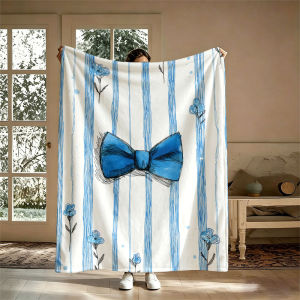 BILIBILI | Blue Bow Floral Stripes Flannel Blanket Perfect for Sofa Office Bed Travel Sleep Read Relax Camping Four Season Use