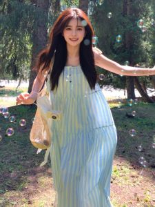 French Style Lace Stripe Off-Shoulder Dress Women Summer Beach Vacation Loose Long Skirt Elegant Casual Spring Fashion Dress