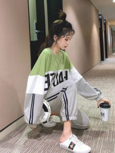 Womens Sweatshirt Set Casual Sporty Korean Style Spring Autumn Fashion Two-Piece Suit Student Leisure Long Sleeve round Neck Polyester