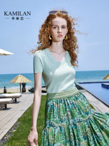 Kamilan Slim Fit Knitwear Short Sleeve Womens Top Elegant Luxury Sensation Street Style V-Neck Regular Thickness Summer New Arrival