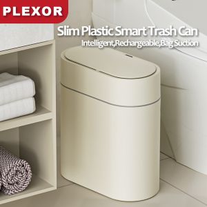 Plexor 9L Bathroom Trash Can with Lid Intelligent Automatic Narrow Trash Can Motion Sensor Kitchen Trash Bin  9.5L Small Plastic Trash Can Bathroom Slim Smart Trash Can RechargeableBag Suction Cream White/Grey