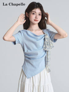 La Chapelle | Blue Asymmetrical Off-Shoulder Short Sleeve Bow Elegant Ruffled Top