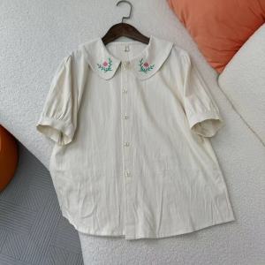 เสื้อเชิ้ตแขนสั้นผ้าฝ้ายฤดูร้อนสำหรับผู้หญิง คอตุ๊กตา สไตล์เกาหลี หลวมๆ ลำลอง หวาน เสื้อตัวบน เสื้อตุ๊กตา เสื้อผ้าทำงาน