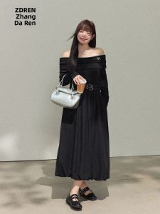 ZHANGDAREN | Đầm Giảm Cân cho Phụ Nữ Bầu Bĩnh Phong Cách Pháp Hoài Niệm Dáng Một Bờ Vai Đen Nhỏ