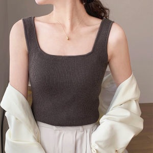 French Style Square Collar Mini Strap Vest Womens Inner Wear Slim Fit Short Knitted Top Sleeveless Base Layer Shirt Suit