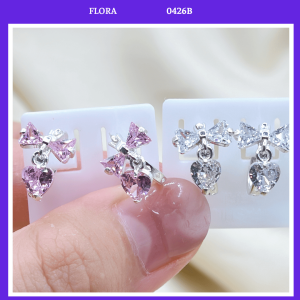 FLORA 0426B - Bông tai bạc ta hình nơ mix hình trái tim đá màu hồng trắng dành cho bé gái
