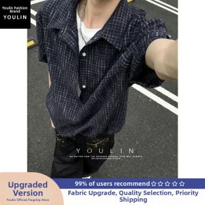 YOULIN | Faux Two-Piece Gingham V-Neck Short Sleeve Shirt
