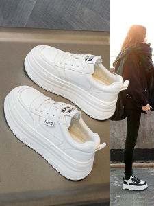 Leather Fall Winter Womens High Top Sneakers Thick Bottom Fleece Lined Heightening Casual Shoes round Toe mid Heel PU Outsole