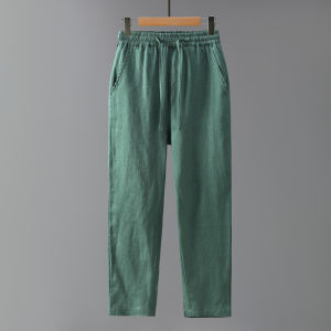 Pure Linen Mens Casual Pants Elastic Waist Vintage Solid Color Large Size Versatile Full Linen Fabric Long Trendy Trousers