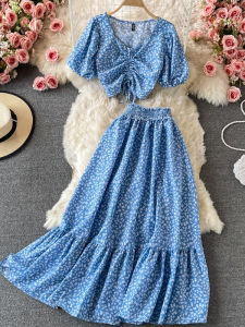 Floral Chiffon High Waist A-Line Mini Skirt And Top Set Summer Fashion Ensemble for Young Women Polyester Blend