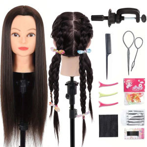 Synthetic Fiber Hair Mannequin Head with Adjustable Stand For Hairstyling Practice Hairdressing Manikin Cosmetology Doll Head