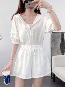 Womens Casual Loose One-Piece Spring 2025 Fashion Workwear Set Short Pants High Waist Polyester Blend Wide Leg Pants